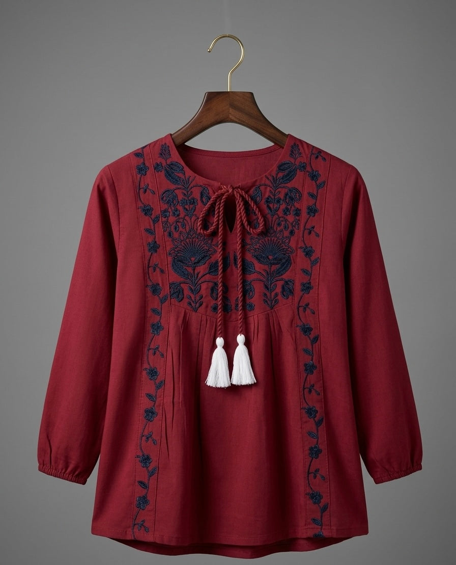 Embroidered Maroon Tunic Top