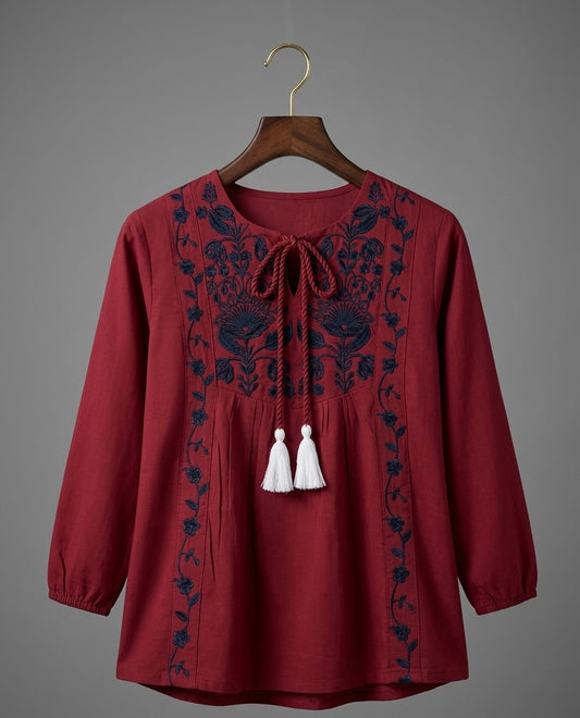 Embroidered Maroon Tunic Top
