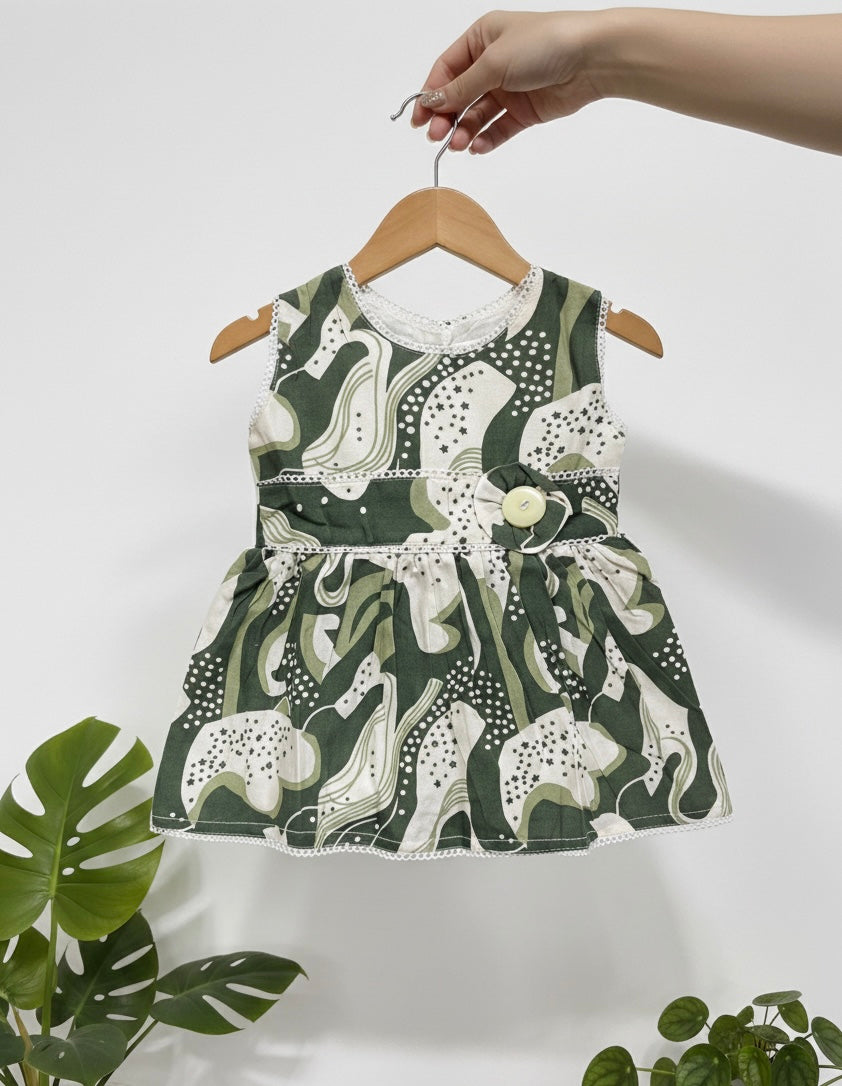 Green Cotton Sleeveless Frock