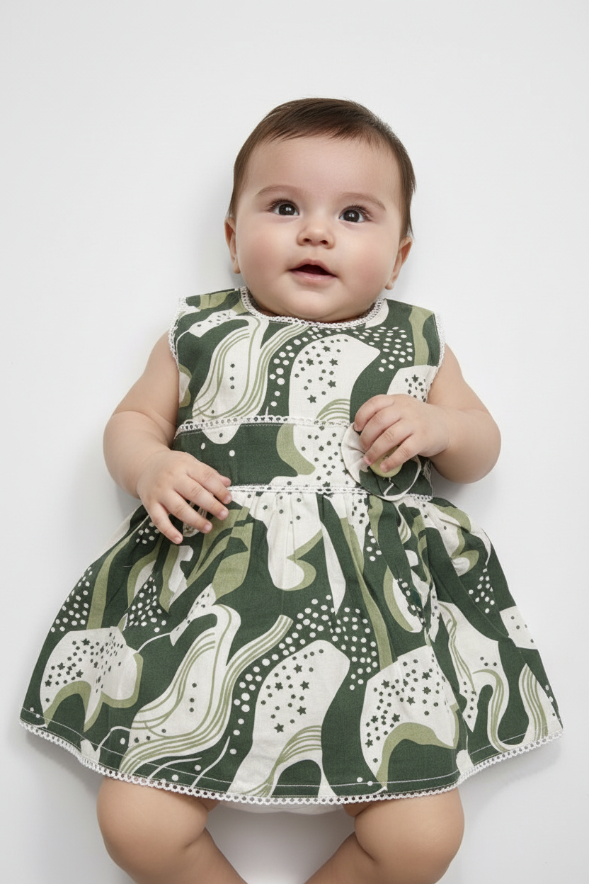 Green Cotton Sleeveless Frock