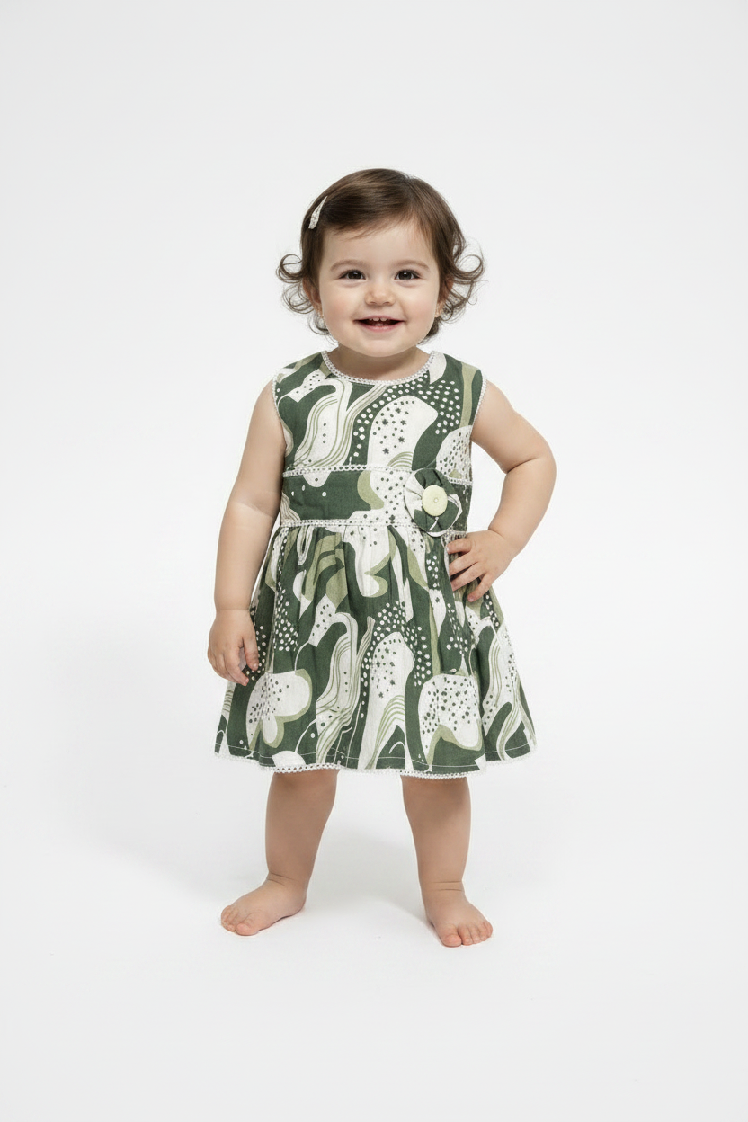 Green Cotton Sleeveless Frock