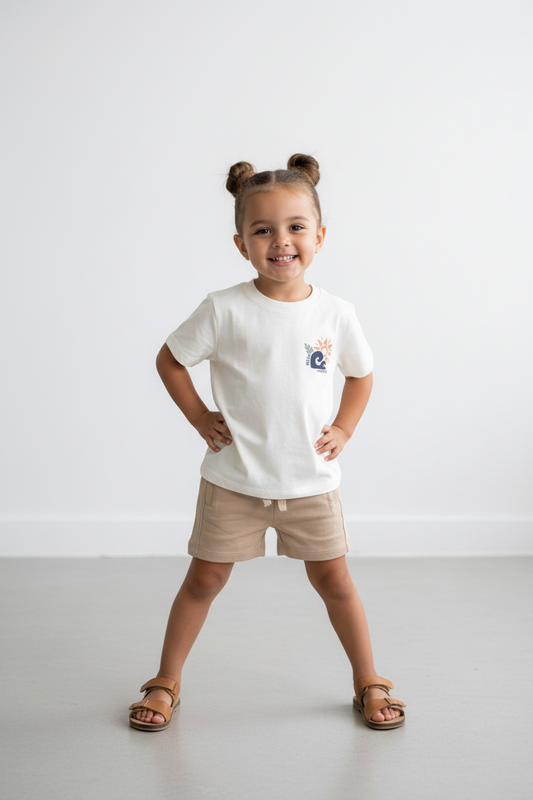 White T-shirt & Beige Short 2 Piece Set