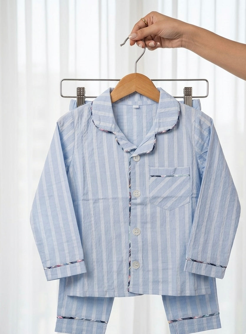 Soft Blue Striped Night Suit