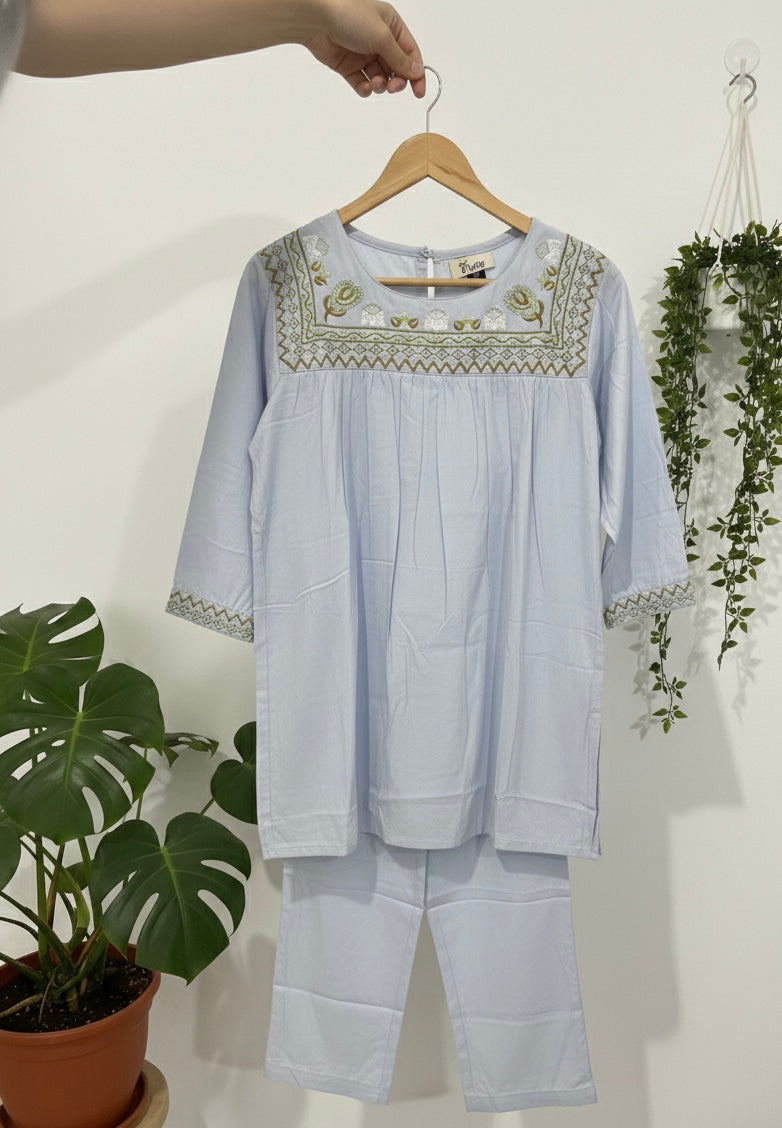 Soft Blue Embroidered Coord Set
